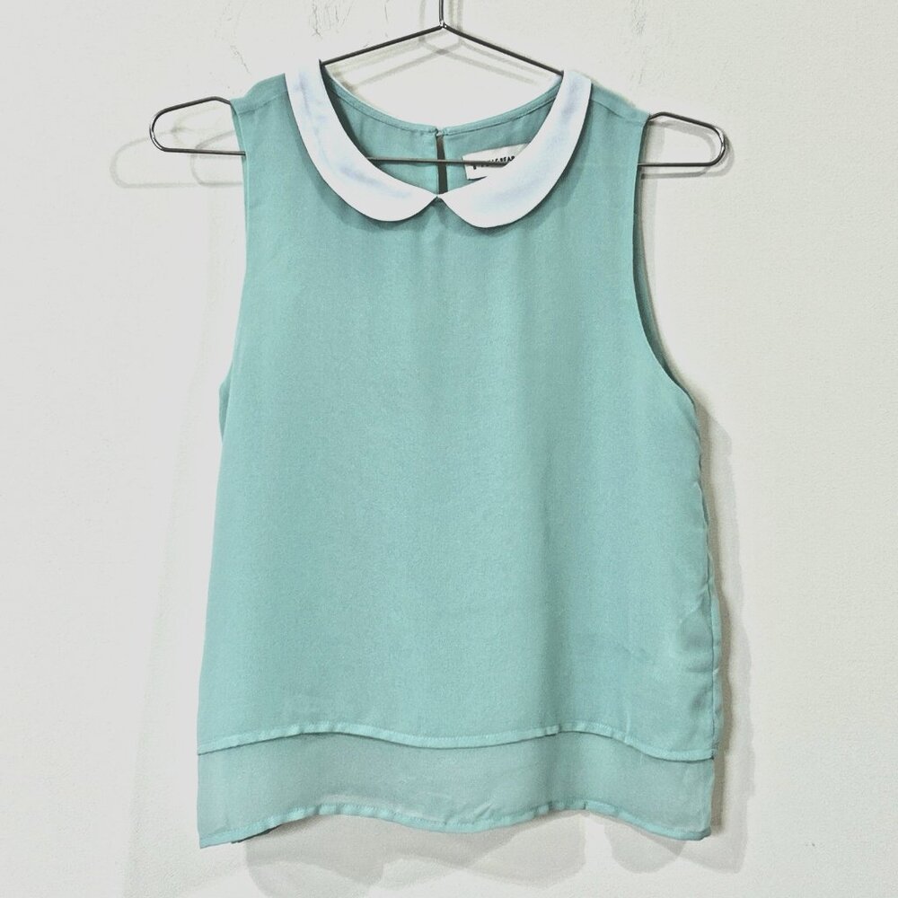 PULL & BEAR Mint Green Blouse EURO S Peter Pan Collar Sheer Layered Sleeveless